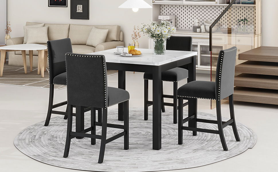 5-Piece Counter Height Dining Table Set With One Faux Marble Top Dining Table And Four Velvet Upholstered Chairs