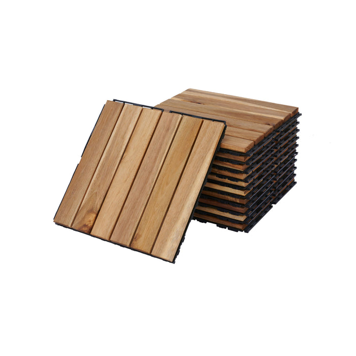 Interlocking Deck Tiles Striped Pattern, Square Acacia Hardwood Outdoor Flooring For Patio, Bancony, Pool Side