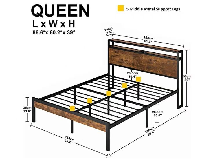 Queen Size Metal Platform Bed Frame With Wooden Headboard And Footboard With USB Liner, No Box Spring Needed - Brown