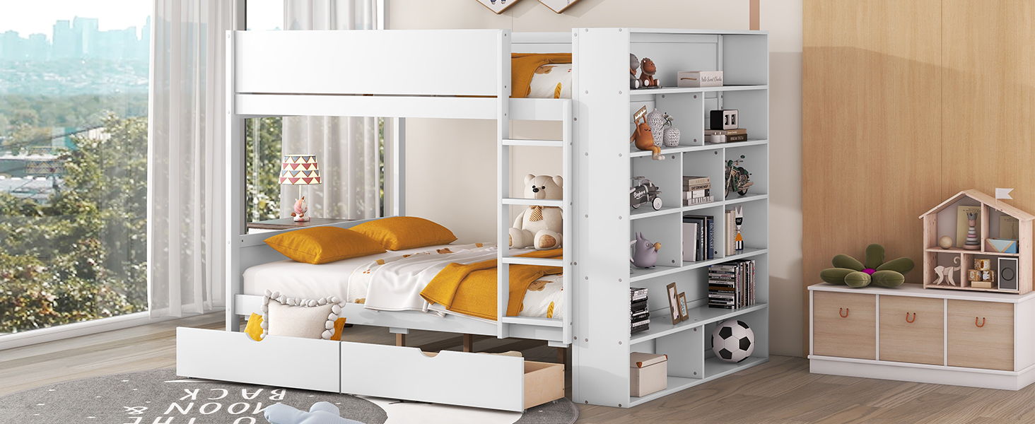 Full Over Full Bunk Bed With 2 Drawers And Multi - Layer Cabinet