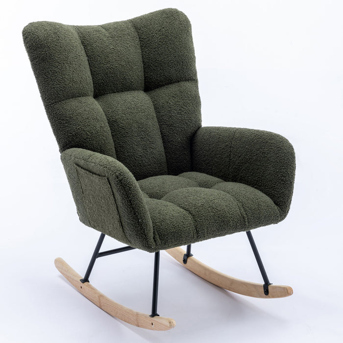 30.3" Rocking Chair With Pocket, Soft Teddy Fabric Rocking Chair For Nursery, Comfy Wingback Glider Rocker With Safe Solid Wood Base For Living Room Bedroom Balcony - Dark Green