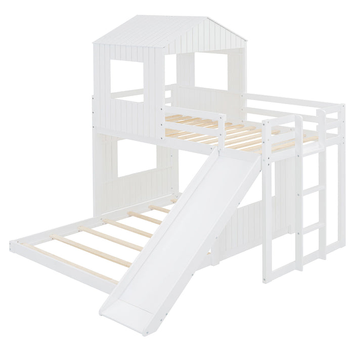 Wooden Twin Over Full Bunk Bed, Loft Bed With Playhouse, Farmhouse, Ladder, Slide And Guardrails - White