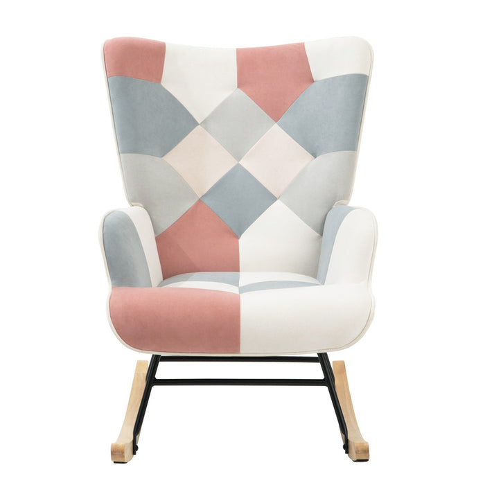 Accent Rocking Chair, Mid-Century Fabric Rocker Chair With Wood Legs And Patchwork Linen For Livingroom Bedroom