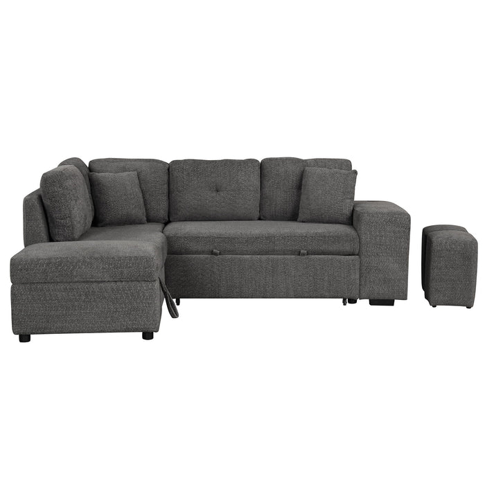 Convertible Sleeper, Sectional Pull Out Sofa Bed With Storage Ottoman, 2 Throw Pillows, 2 Stools, Wireless Charger And Two Hidden USB Ports For Living Room