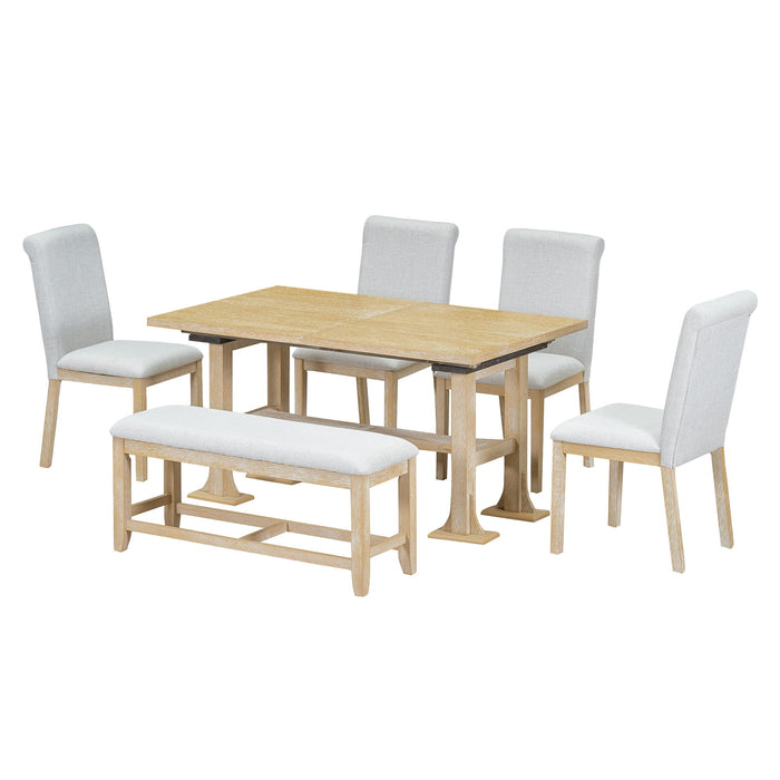 Topmax - 6 Piece Farmhouse Extendable Dining Table Set Trestle Kitchen Table Set With Removable Leaf And Upholstered Dining Chair And Bench For Dining Room