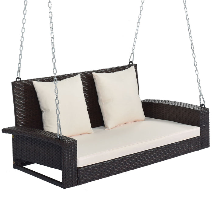 2 Person Wicker Hanging Porch Swing With Chains, Cushion, Pillow, Rattan Swing Bench For Garden, Backyard