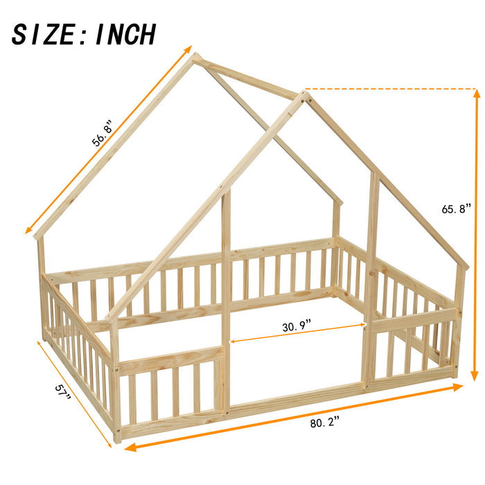 Wood House-Shaped Floor Bed With Fence, Guardrails