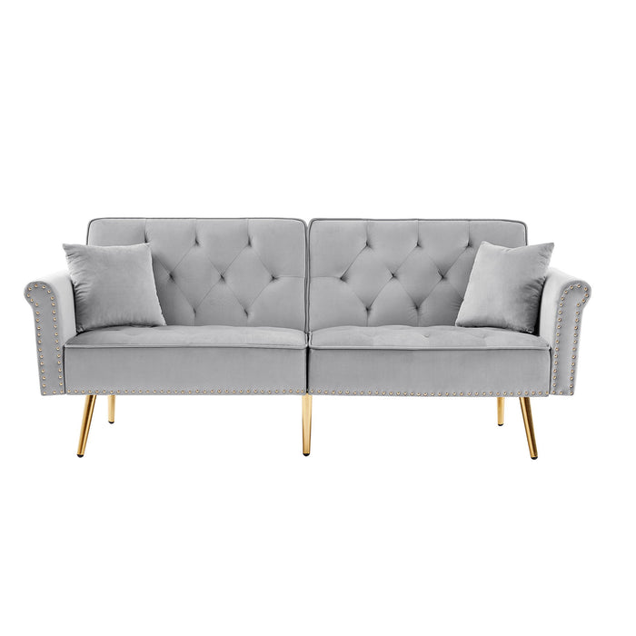 Velvet Tufted Sofa Couch With 2 Pillows And Nailhead Trim