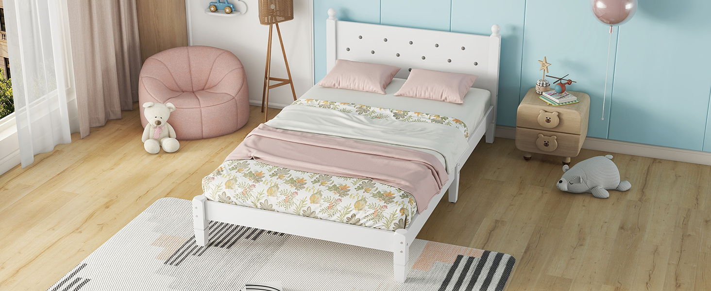 Twin Bed With Button-Decoration Headboard, With Bed Slats - White