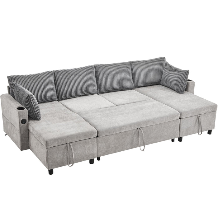 Sectional Sofa Pull Out Sofa Bed Versatile Sofa Sleeper With Large Storage Space, Two USB Ports And Two Cup Holders For Living Room