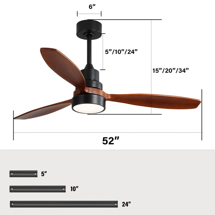 Wooden Ceiling Fan With 3 Solid Wood Blades Remote Control Reversible DC Motor With LED Light