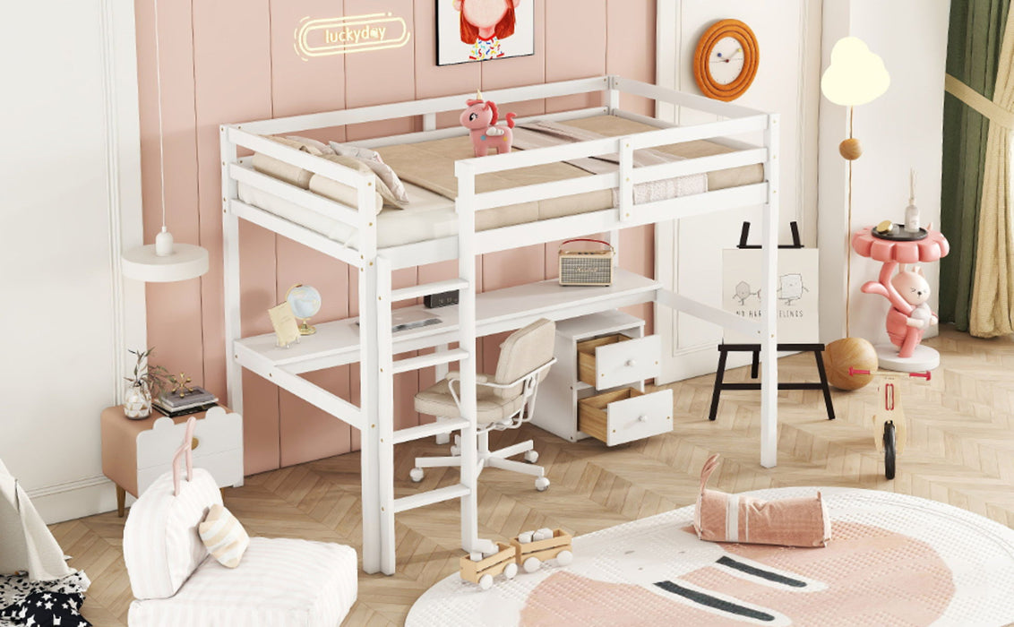 Loft Wood Bed With Under-Bed, Built-In Desk, A Storage Cabinet Of 2 Drawers, Guardrails, Ladder