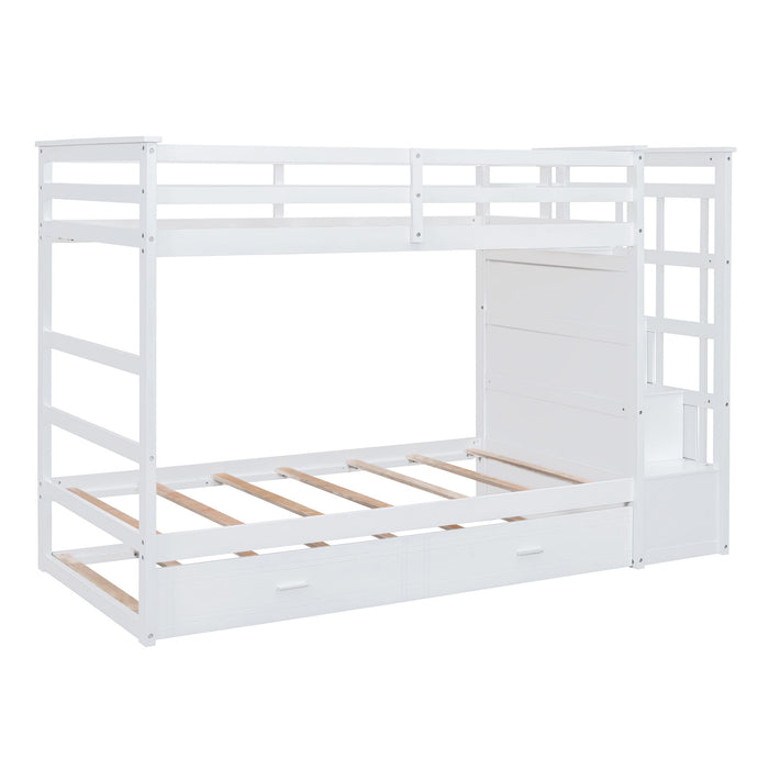 Twin Over Twin Bunk Bed With Trundle And Staircase - White