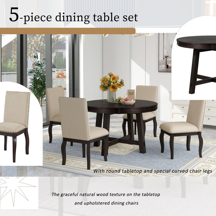 Farmhouse Dining Table Set Wood Round Extendable Dining Table And Upholstered Dining Chairs