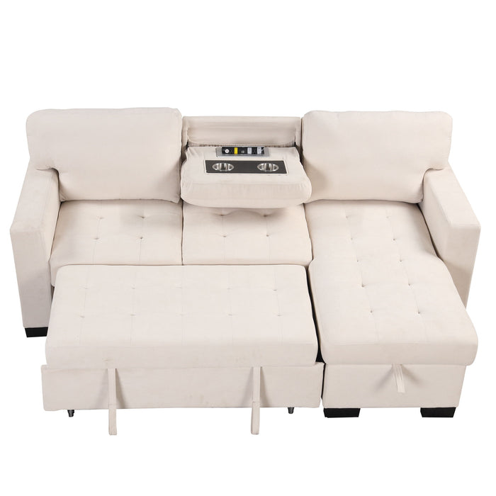 Stylish And Functional Light Chaise Lounge Sectional With Storage Rack Pull-Out Bed Drop Down Table And USB Charger