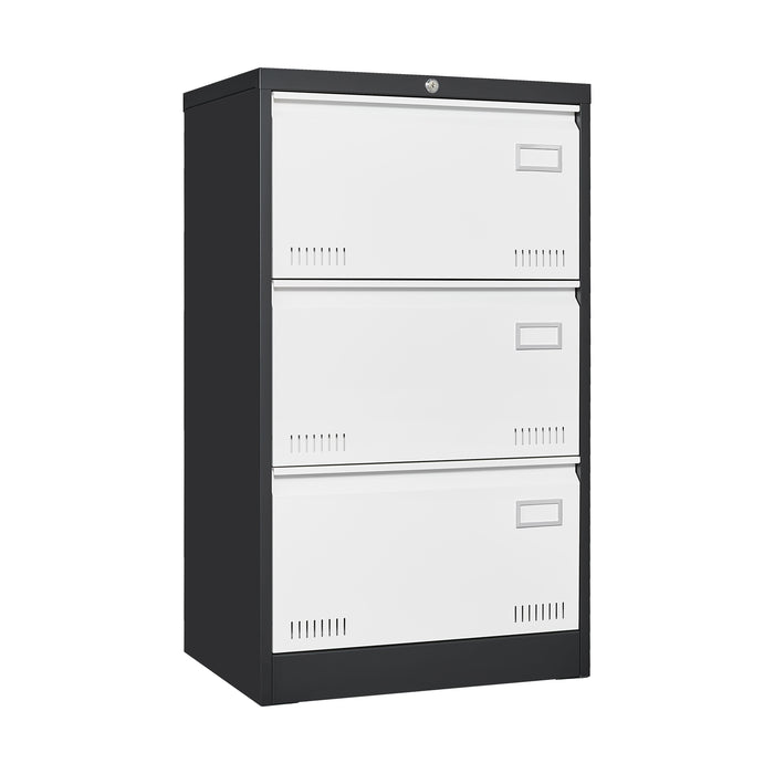 3 Drawer Metal Lateral File Cabinet With Lock, Office Vertical Files Cabinet For Home Office - Black / White