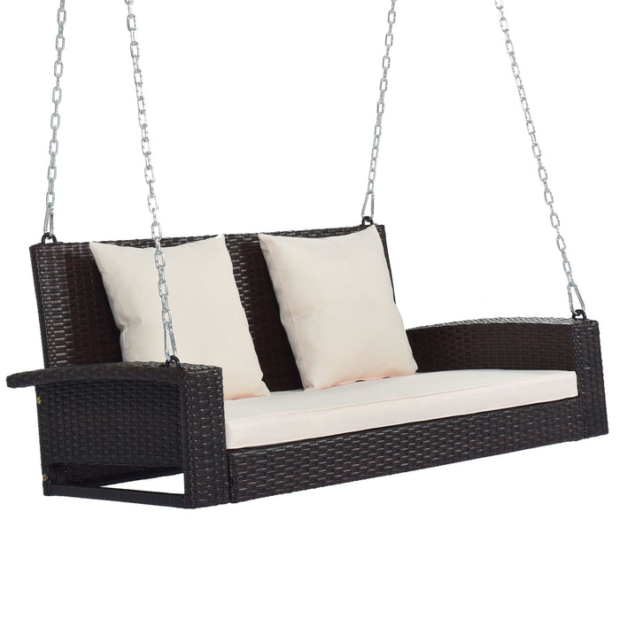 2 Person Wicker Hanging Porch Swing With Chains, Cushion, Pillow, Rattan Swing Bench For Garden, Backyard