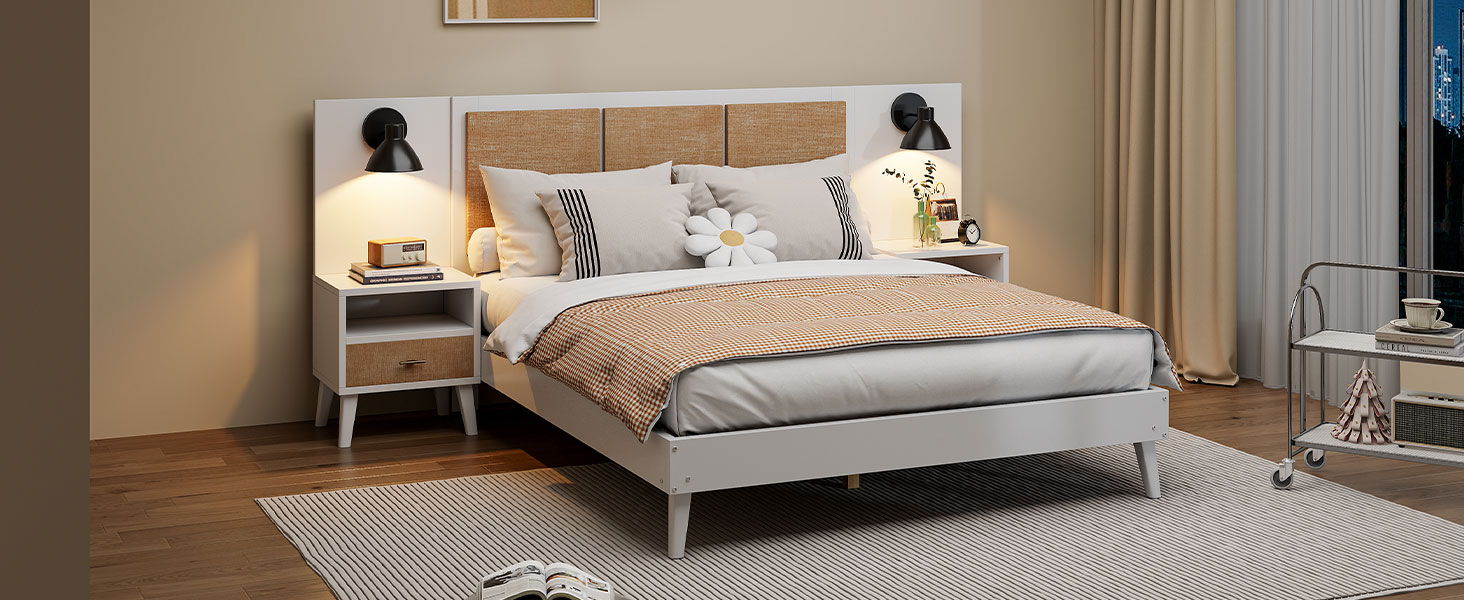 Solid Wood Bed Frame With 2 Nightstands, Elegant Design With Lamps, Rattan And Wood Combination