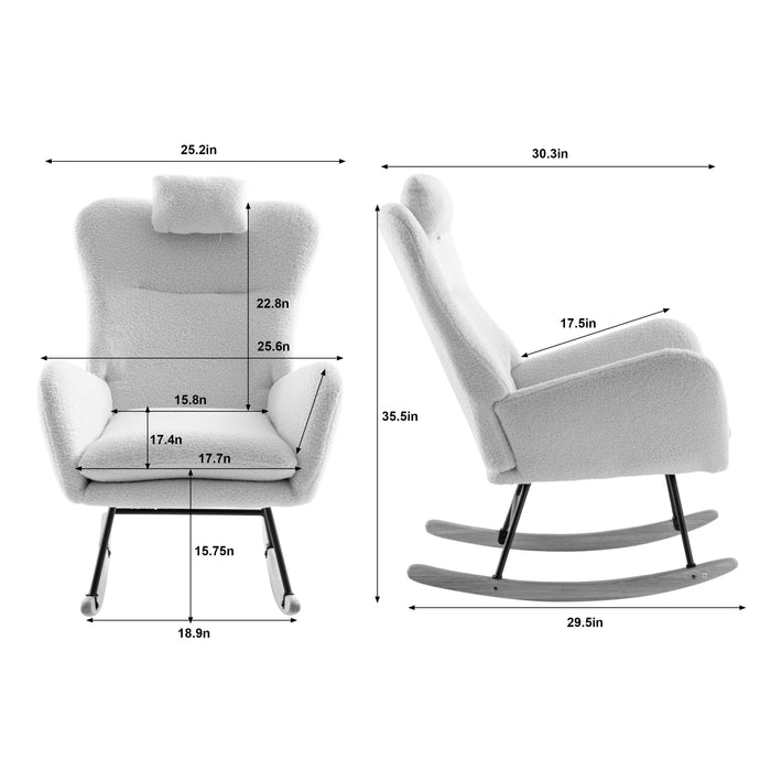 Rocking Chair With Pocket, Soft Teddy Fabric Rocking Chair For Nursery, Comfy Wingback Glider Rocker With Safe Solid Wood Base