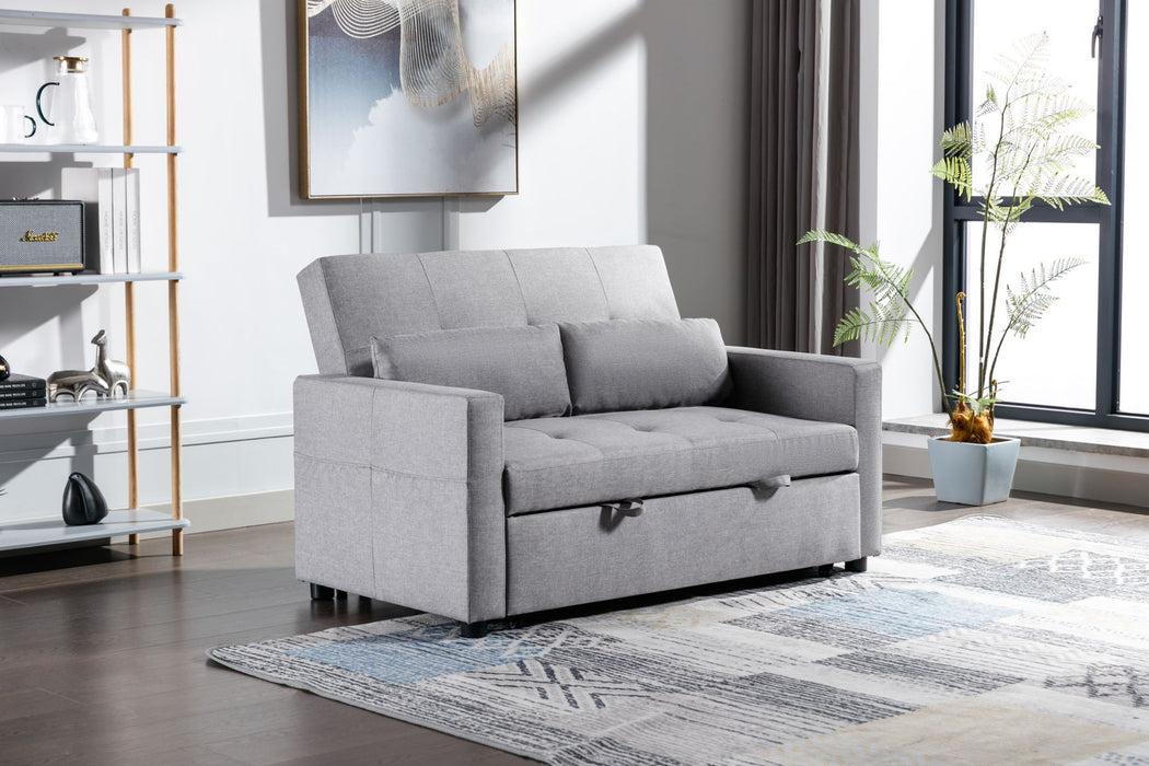 Linen Fabric 3-In-1 Convertible Sleeper Loveseat With Side Pocket - Light Gray