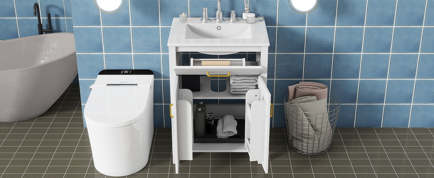 Bathroom Vanity Combo With Ceramic Sink, Luxurious Space-Saving Vanity, 2 Soft Close Doors