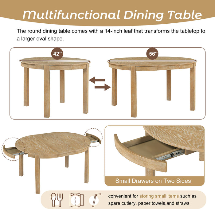 Multifunctional Dining Table Set, Farmhouse Dining Set With Extendable Round Table, Two Small Drawers And 4 Upholstered Dining Chairs For Kitchen And Dining Room