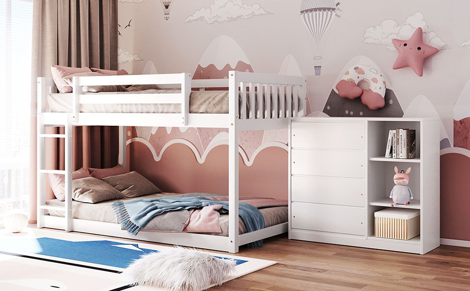 Twin Over Twin Bunk Bed With 4 Drawers And 3 Shelves