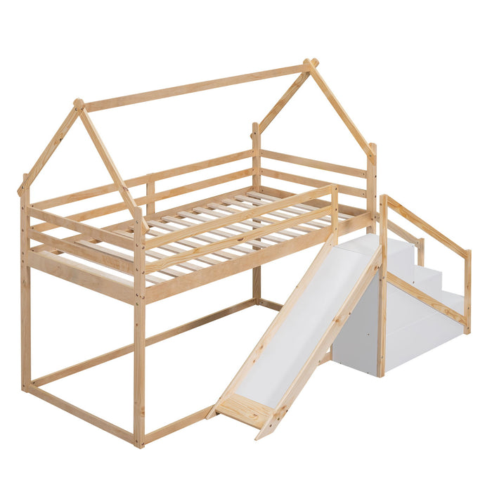 Twin Over Twin House Loft Or Bunk Bed With Slide And Staircase