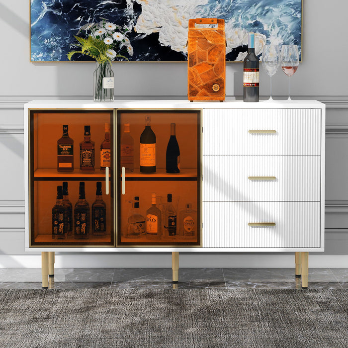 Modern Sideboard Buffet Cabinet Marble Sticker Tabletop And Amber-Yellow Tempered Glass Doors With Gold Metal Legs & Handles