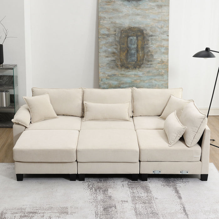 Corduroy Modular Sectional Sofa, U Shaped Couch With Armrest Bags, 6 Seat Freely Combinable Sofa Bed, Comfortable And Spacious Indoor Furniture For Living Room - Beige