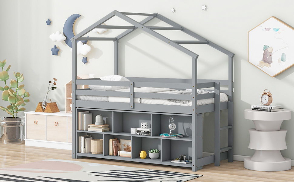 House Loft Bed With Roof Frame, Under Bed Shelving Storage Unit, Guardrails, Ladder