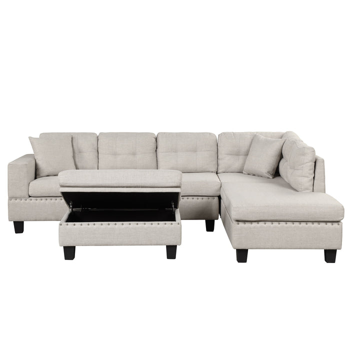 Modern Sectional Sofa With Storage Ottoman, L-Shape Couch With 2 Pillows And Cup Holder, Sectional Sofa With Reversible Chaise For Living Room