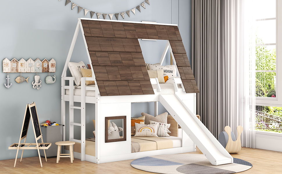 Wood Twin Size House Bunk Bed With Roof, Ladder And Slide - White / Brown