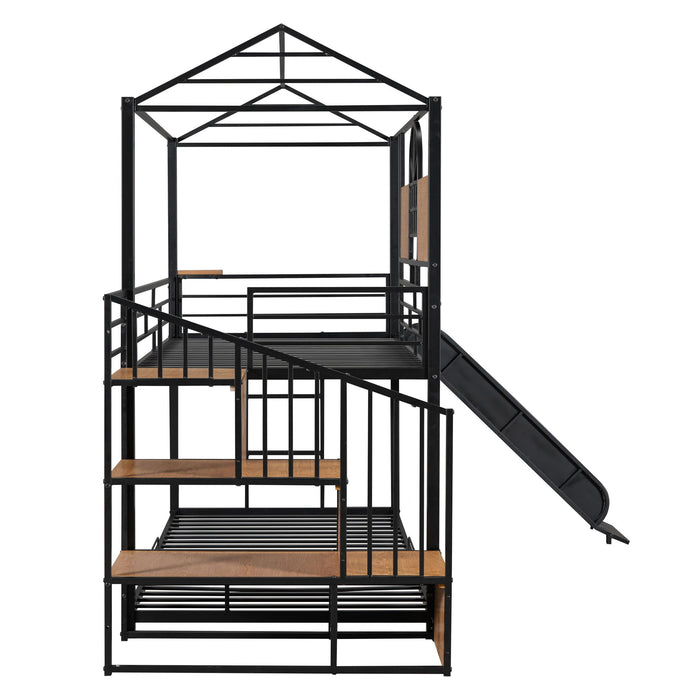 Metal Bunk Bed, Metal Housebed With Slide And Storage Stair