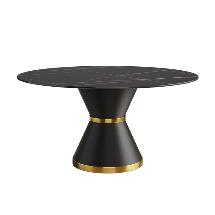 59.05" Modern Artificial Stone Round Black Carbon Steel Base Dining Table, Can Accommodate 6 People - Black