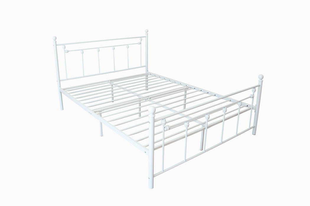 Queen Size Metal Bed, Frame With Headboard And Footboard - White