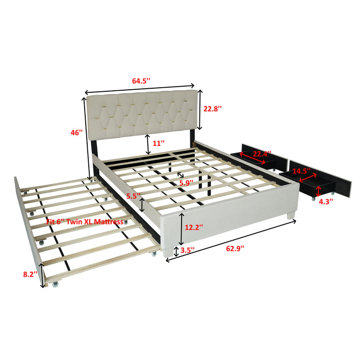 Trundle Pull Out Drawers Storage Upholstered Bed Modern Design No Box Spring Required