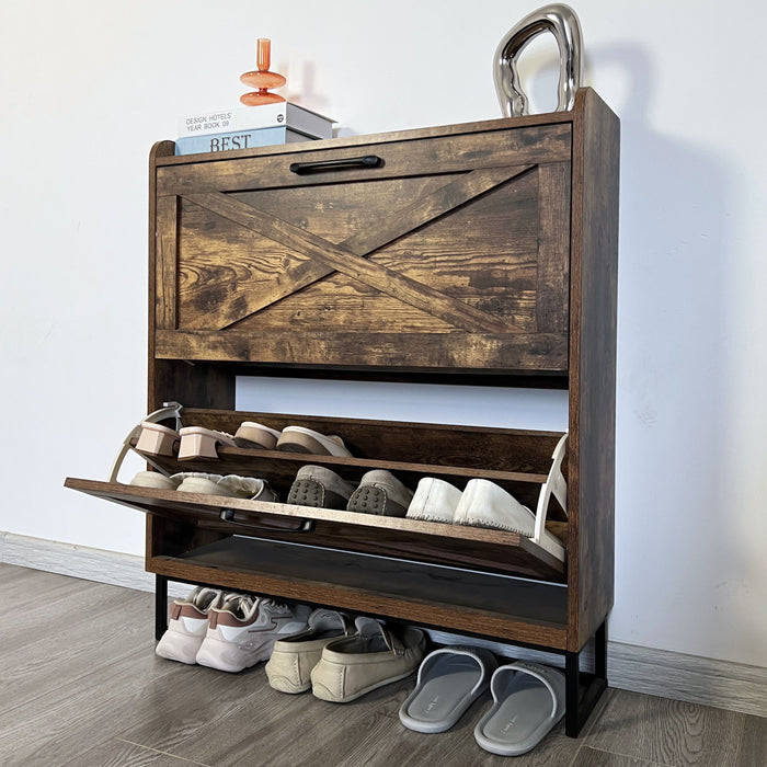 Shoe Storage Cabinet With 2 Flip Drawers, Freestanding Organizer With Metal Legs For Entryway, Narrow Shoe Rack Cabinet - Rustic Brown