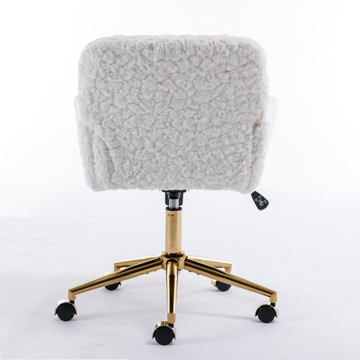 Office Chair, Artificial Rabbit Hair Home Office Chair With Golden Metal Base, Adjustable Desk Chair Swivel Office Chair, Vanity Chair