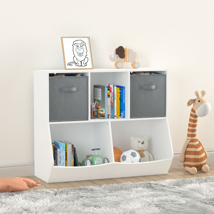 Kids Bookcase With Collapsible Fabric Drawers, Children's Toy Storage Cabinet For Playroom, Bedroom, Nursery, School - White/Gray