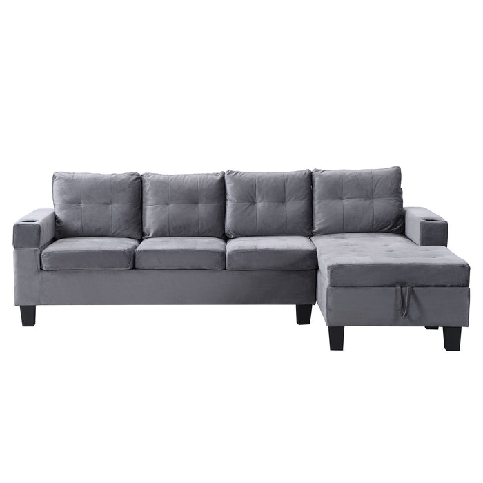 Modern 4 Seat Sectional Sofa With L Shape Right Lounge Storage Chaise, Cup Holder - Gray