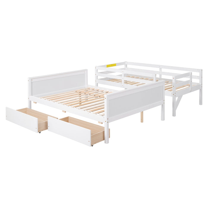 Twin Over Full Bunk Bed With 2 Drawers, Slide, Shelves - White