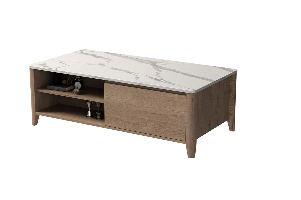 Modern Farmhouse Double Drawer Coffee Table For Living Room Or Office Marble Texture