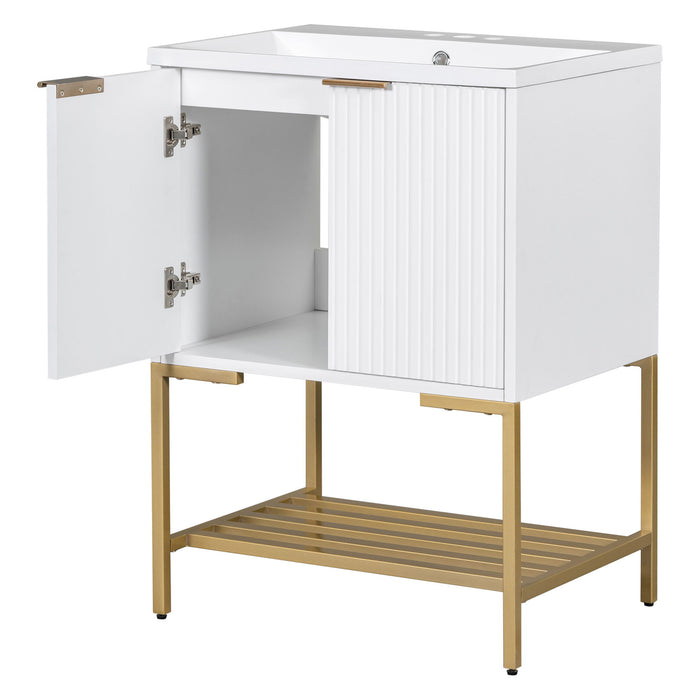 Bathroom Vanity With Sink, Bathroom Vanity Cabinet With Two Doors And Metal Frame, Open Storage Shelf - White / Gold