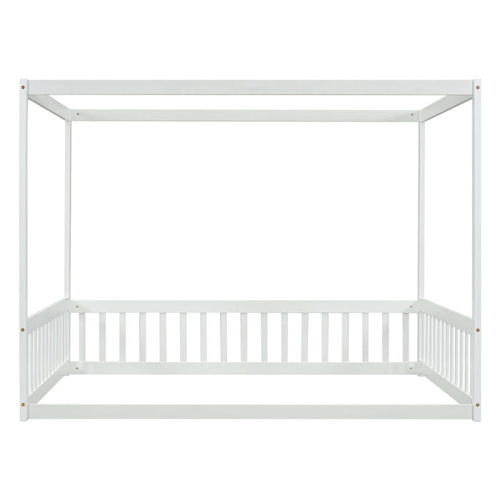 Canopy Frame Floor Bed With Fence, Guardrails