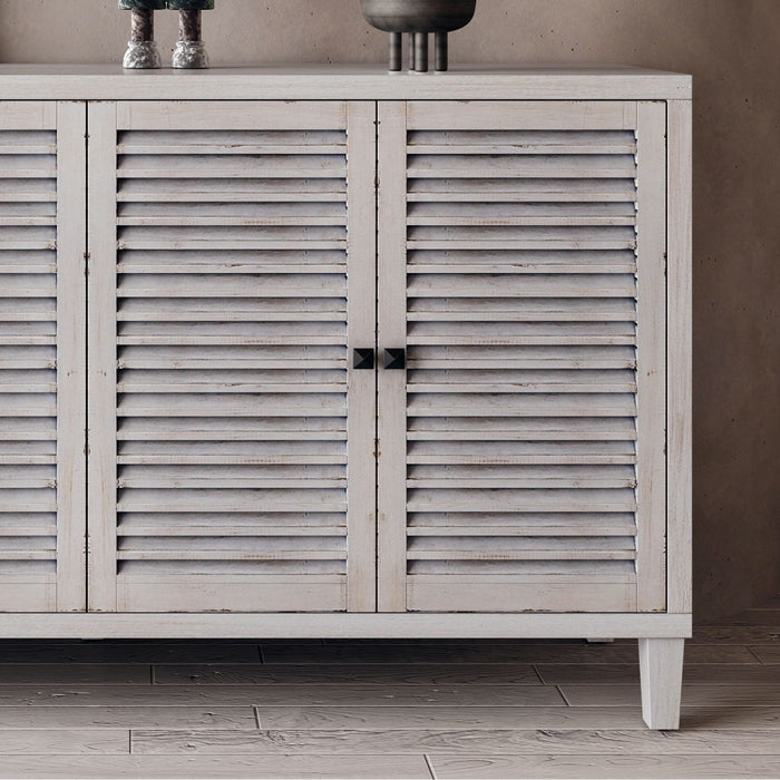 Accent Cabinet 4 Shutter Door Wooden Cabinet Sideboard Buffet Server Cabinet Storage Cabinet, For Living Room, Entryway, Hallway, Office, Kitchen And Dining Room - Distressed White