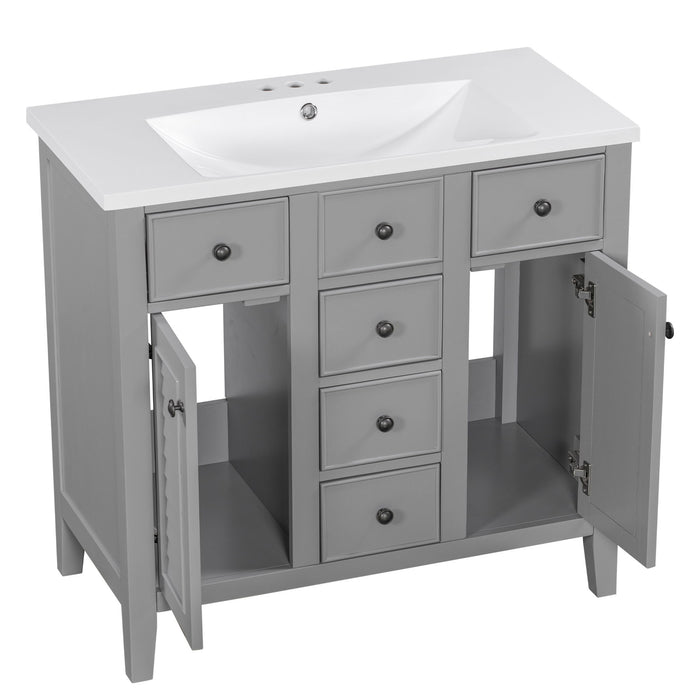 Bathroom Vanity With Ceramic Basin, Two Cabinets And Five Drawers, Solid Wood Frame, Gray