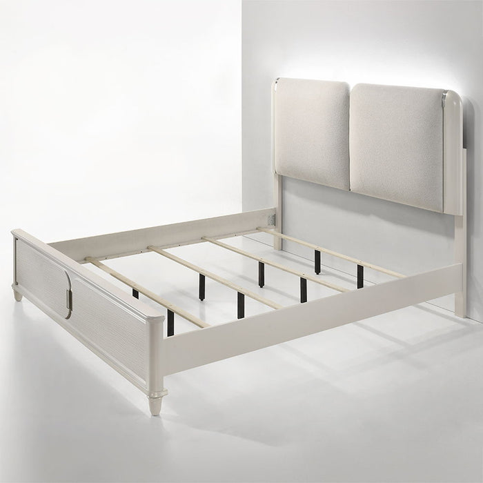 Laveda - Eastern King Bed With LED - Light Gray Boucle & Pearl White Finish