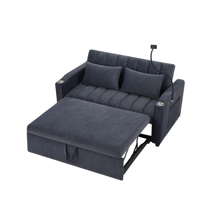 Convertible Sofa Bed Loveseat Sofa With Three USB Ports, Two Side Pockets, Two Cup Holders And 360° swivel Phone Holder For Living Room