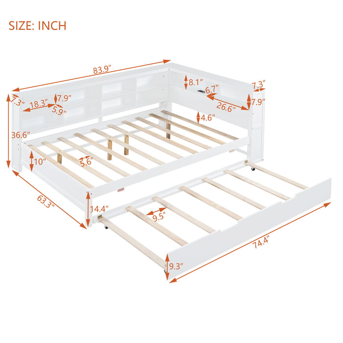 Wooden Full Size Daybed With Twin Size Trundle, Daybed With Storage Shelf And USB Charging Ports - White